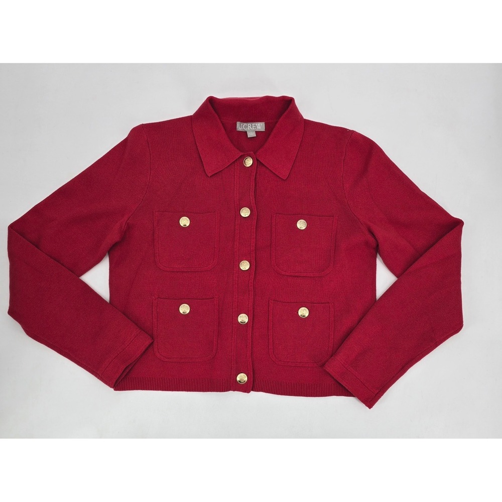 J.Crew Red Cotton Knit Lady Jacket Gold Buttons Preppy Quiet Luxury Size S